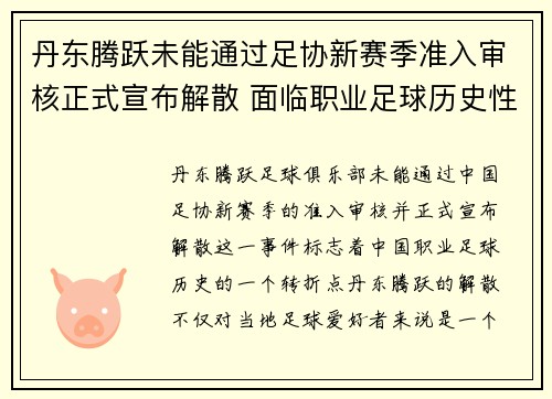 丹东腾跃未能通过足协新赛季准入审核正式宣布解散 面临职业足球历史性转折 丹东腾跃未能通过足协新赛季准入审核正式宣布解散 面临职业足球历史性转折